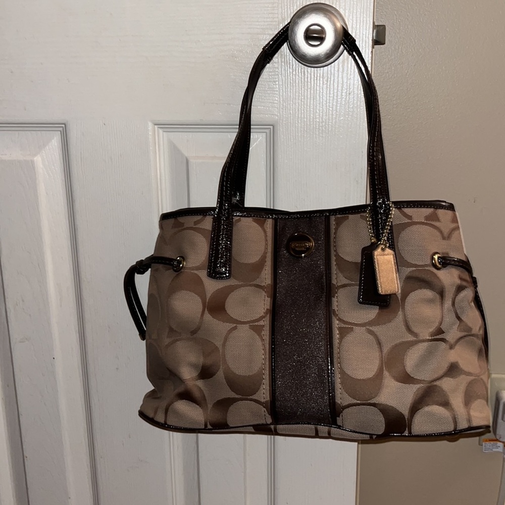 Coach F21949 Signature Carryall Brass Khaki Mahogany Tote Bag